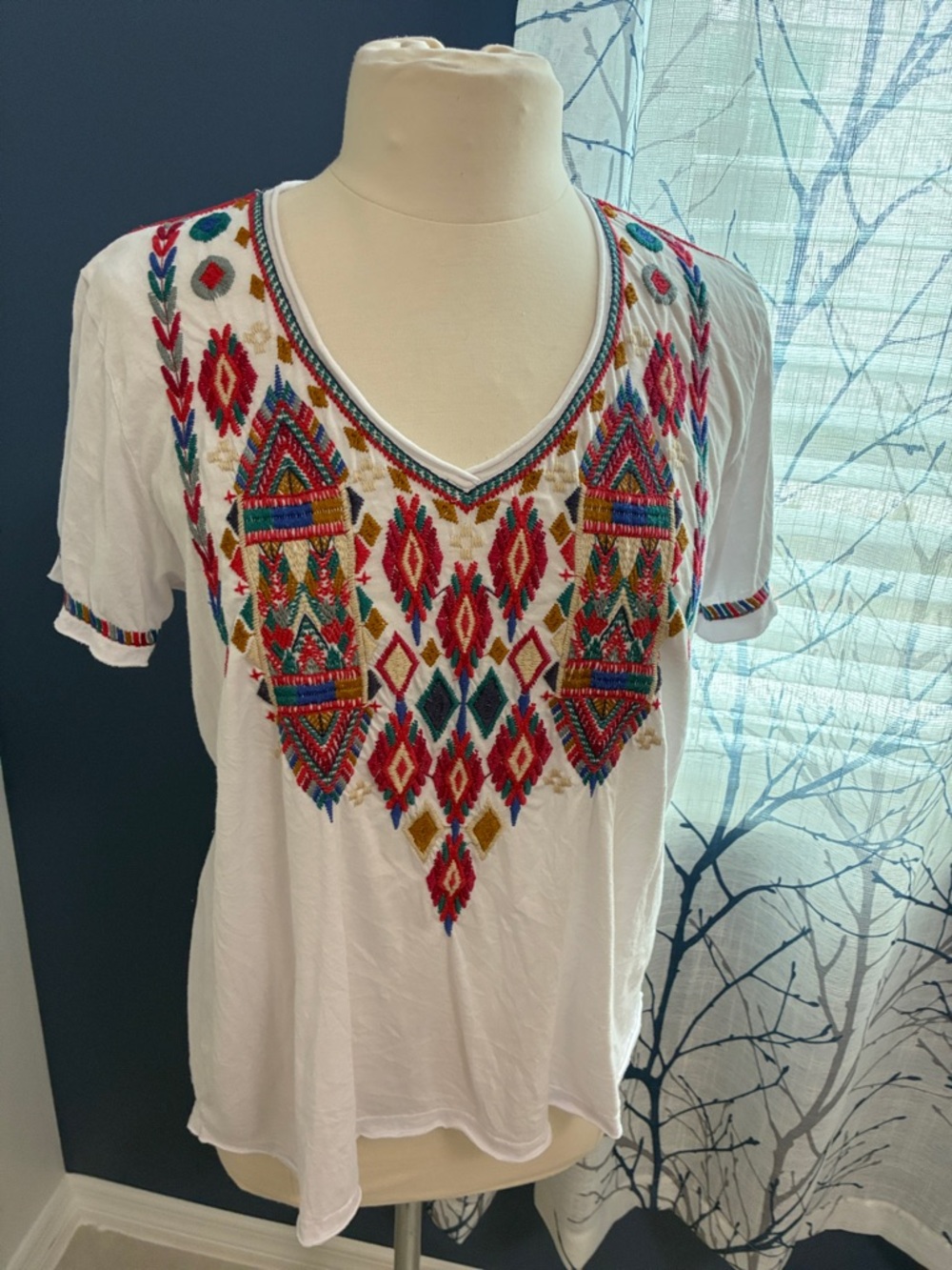 Johnny Was Embroidered V-Neck Tee - Picture 2 of 7